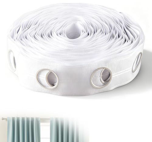 12M (13.1Yards) Curtain Header Tape, White Curtain Heading Tape with 96 Pcs Eyelet Rings (42mm Inner Diameter) for Home Perforated Curtains Header DIY Decoration