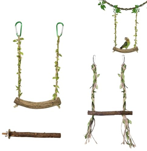 3 Piezas de Accesorios para Jaula de Pájaros, 2 Columpios de Madera Natural y 1 Percha, Juguetes para Periquitos, Ninfas, Agapornis y Aves Pequeñas y Medianas