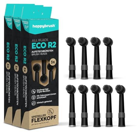 happybrush® Aufsteckbürsten für elektrische rotierende Zahnbürsten - Kompatibel mit R2, sowie Modellen anderer Hersteller - AllBlack - 3x3 Stück