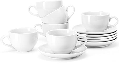 Yedio Porcelain Coffee Cups Set with Saucer, 6 Ounce White Porcelain Cup and Saucer Set for Cappuccino, Coffee Latte, Coffee drinks and Tea, Set of 6