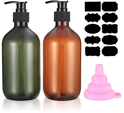 2 Pcs Pump Bottle Dispenser, 500ML/17oz Refillable Empty Press Pump Bottles, Plastic Liquid Soap Dispenser Storage Holder Container for Lotions, Shampoo, Conditioner, with Funnel, Label Paper