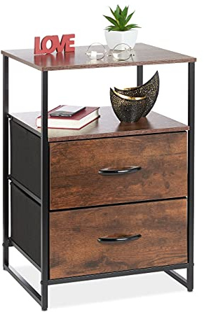 Relaxdays Nachttisch Industrial, 2 Ablagen, 2 Schubladen, Beistelltisch Holzoptik, HBT: 70 x 45 x 40 cm, schwarz/braun