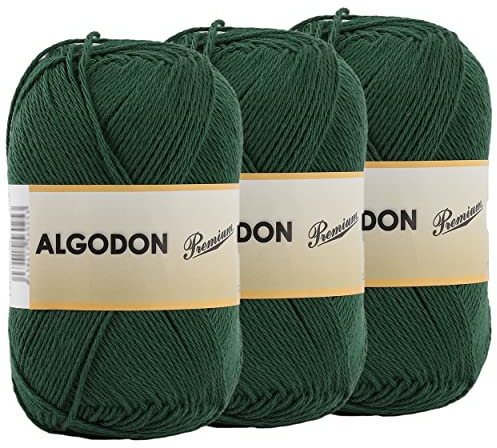 Baumwollgarn 100% Baumwolle 220 Meter zum Stricken und Häkeln, Packung mit 3 x 100g, Farbe Flaschengrün