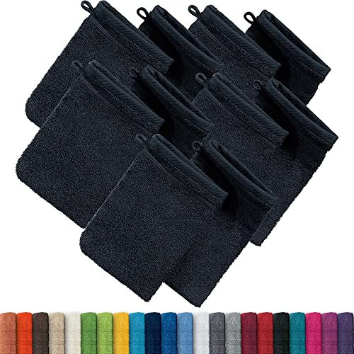 Erwin Müller Waschhandschuh, Waschlappen Heidelberg 10er- Pack, 100% Baumwolle schwarz Größe 15x21 cm - weiche Qualität, saugstark und strapazierfähig - praktisch durch Schlaufe