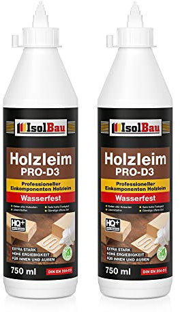 Isolbau Holzleim PRO-D3-2 x 750 ml (860 g) Extra starker Holzkleber für alle Holzarten, für Innen & Außen, Wasserfest, Lösemittelfrei
