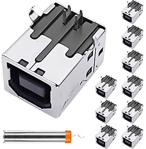 DAOKAI USB 2.0 Type-B Female Port Connector - 90 Degree Angle, 4-Pin Right Angle PCB DIP Jack Socket,Repair Replacement Adapter -10 Pack,with Tin Wire Pen