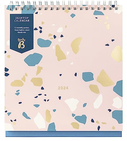 Busy B - Calendario de escritorio - Enero a Diciembre de 2024 - Terrazzo - Planificador de escritorio con bolsillos y soporte incorporado Perfecto para la organización de la oficina y el escritorio