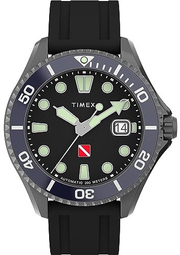 Timex Deep Water Automatic Herren-Armbanduhr, 44 mm, schwarzes, zweiteiliges, synthetisches Kautschukarmband mit Schnellverschluss, schwarzes Zifferblatt, Rotgussgehäuse TW2W21100