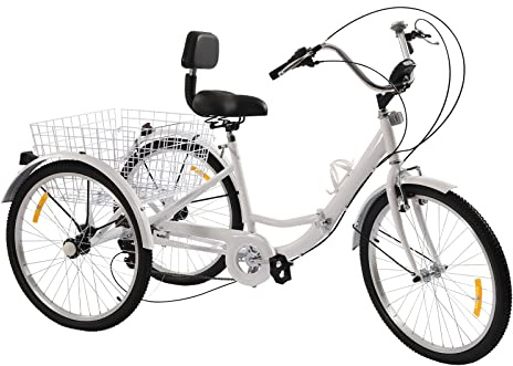 Balider MBUYI Trehjuling för vuxna seniorer, 24 tum 7 hastigheter 3-hjuls cykel med korg, stadscykel tricycle-viktkapacitet på 140 kg justerbar kuddhöjd, vit