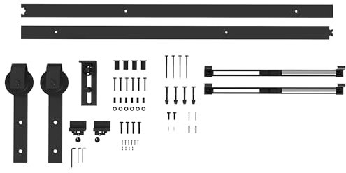 HOMCOM 6,6FT/200cm Herrajes para Puerta Corredera Kit para Puerta Corredera con Amortiguador sin Perforación Kit de Accesorios para Puerta Corrediza con 2 Rieles para Granero Negro