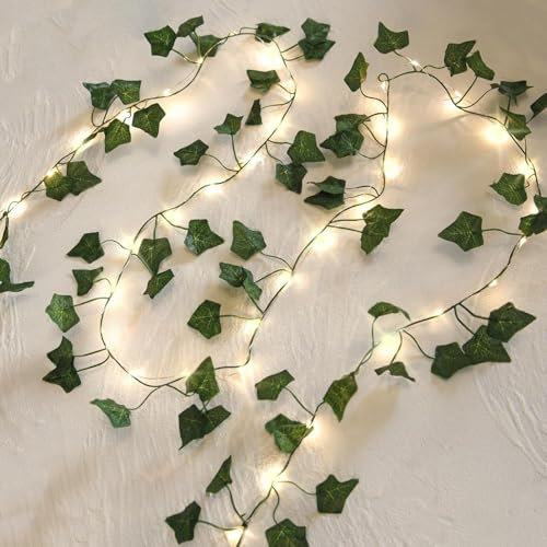 GUOCHENG Ivy Fairy String Lights, 5M 50LEDs Artificial Leaf Garland Light Strings with Timer, English Ivy Vine Lights for Wedding Balcony Wall Bedroom Home Decor-5m