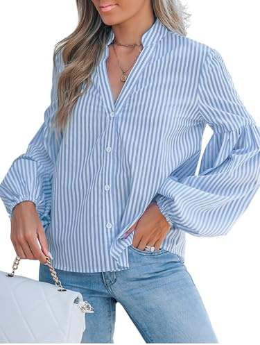 CUPSHE Camicetta a righe con scollo a V e maniche a sbuffo, abbottonatura sul davanti, camicetta da donna elegante, a maniche lunghe, stile professionale, blu, Blu, S