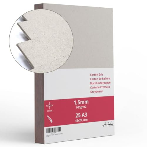 25 A3 Cartone Pressato 1,5mm di spessore - formato 42x29,7cm - Cartoncino per rilegatura A3 da 925gsm/m2 - Cartone vegetale rigido per Modellismo, Scrapbooking, Artigianato e Copertine per rilegature
