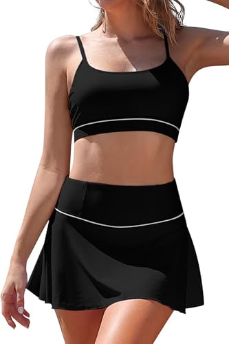 SHEKINI Ensemble bikini pour femme, contrôle du ventre, col en U, jupe taille haute