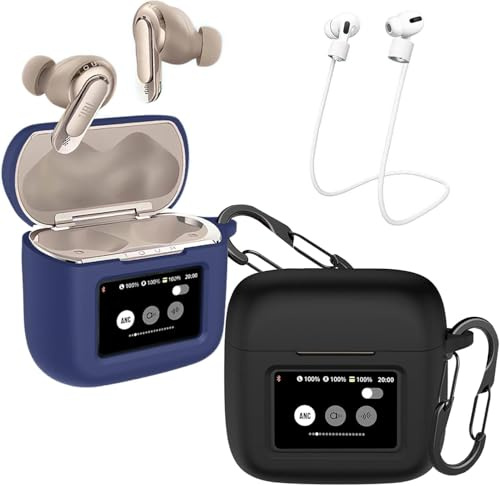 [2-pack] easyBee fodral kompatibelt med JBL Tour Pro 3-hörlurar, med 2 karbinhakar anti-förlust remmar, flytande silikon fodral stötsäkert skyddsfodral Bluetooth hörlursväska – svart blå