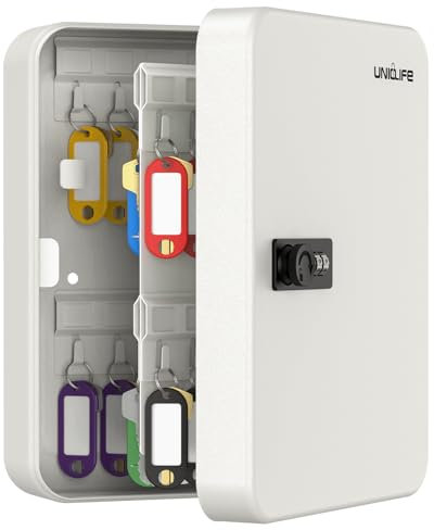 Uniclife Armario para Llaves de 48 Posiciones con Cerradura de combinación reajustable, Caja de Almacenamiento Digital Blanca de Acero, Organizador de Llaves con Etiquetas Coloridas para Llaves,