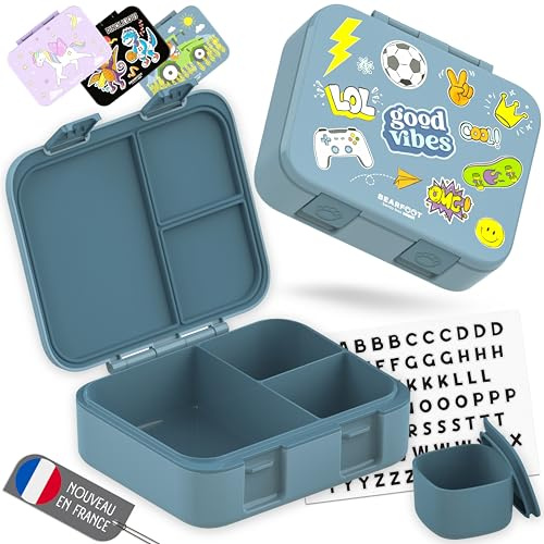BEARFOOT Bento Box COMPACT | Matlåda för barn, BPA-fri för skola och förskola, vattentät lunchlåda för flickor och pojkar, praktisk, lätt och kompakt (blå klistermärken, 1 000 ml)