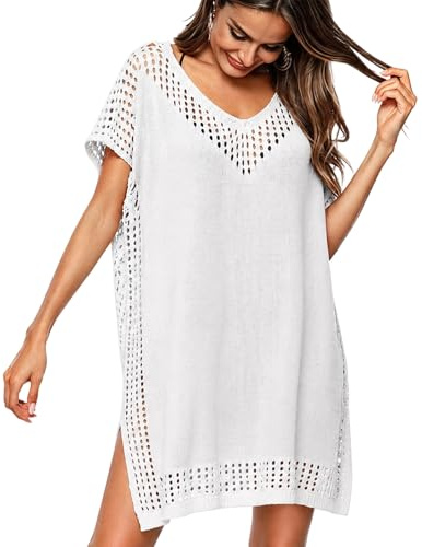 JFAN Copricostume Donna Mare Scollo a V Abito da Spiaggia Sciolto Hollow out Pareo Donna Bikini Cover Up Bianco
