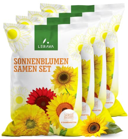 LERAVA® Semi Girasoli (4 varietà) - Girasole gigante rosso giallo nano Sungold - Facile coltivazione per giardino - Semi di girasole da piantare per fioriture ricche e colorate - 4pz