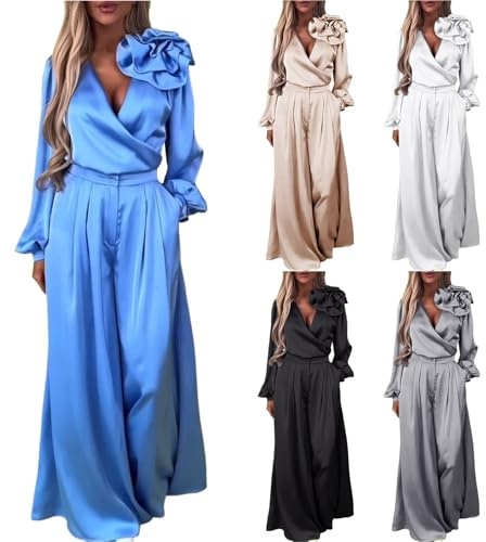 Dam elegant satin tvådelad kostym djup v-hals långärmad topp och breda ben uppklädda byxor overall med fickor enfärgad formell overall kläder set överdimensionerade långa myskläder, BLÅ, L