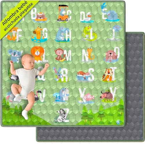 VALVANI Alfombra Bebe Acolchada 120x120 cm Plegable Antideslizante y Lavable Juegos y Gateo para Suelo Tapete Suave Actividades Montessori Estimulacion Sensorial Infantil Valbabycare
