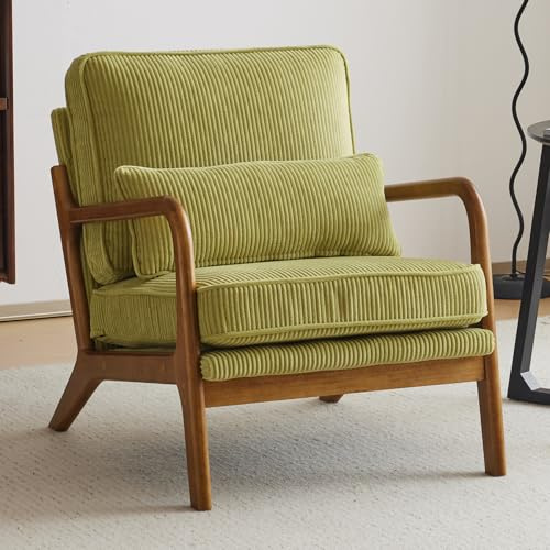 Bonnlo Accent Chair, Soild Wood Padding Lounge Armchairs, Occasional Reading Chair with Cushions and Lumbar Pillow, Armchairs for Living Room, Bedroom, Guest Room, Corduroy, Green