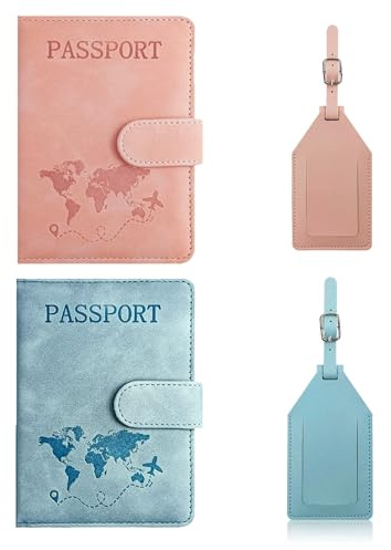 2 Pcs Passport Holder Covers with 2 Luggage Tags, PU Leather Passport Cover with RFID Blocking, Portable Passport Holder Travel Wallet for Passport Boarding Passes Credit Card Business Cards (Style B)