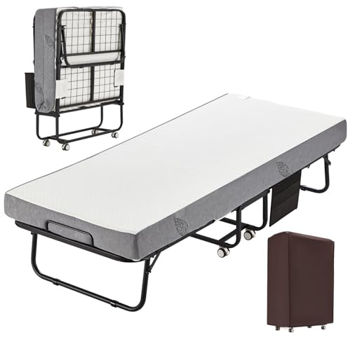 Folding Bed with Mattress, 190 x 80 cm Portable Fold Up Bed with 13cm Thick Luxurious Memory Foam Mattress, Space Saving with Wheels and Fabric Storage Bag for Bedroom and Office, Load Capacity 200kg