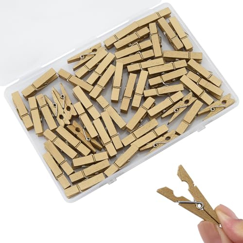 Qyueyue 50 Pack Mini Gold Wooden Clothespins 1.4 Inch Length Small Clips for Photos Crafts DIY Wedding Decorative Clothes Pegs for Party Home DIY Projects Hanging Tiny Clothes Pins
