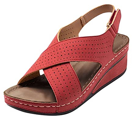 Sandali Gomma Donna Sandali Estivi Donna Eleganti Hollow Heelbreathable Casual Slope Fashion Women'S Sandals Hook Loop da da Camminata Sandalo Gioiello (Red 38)