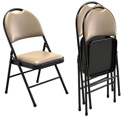 EcoBend Chaise Pliante en Cuir PU Rembourrée avec Poignée, Siège Portable avec Coussin Épais et Cadre en Métal Solide, Confortable pour Maison, Bureau, Fêtes, Chameau, Lot de 2