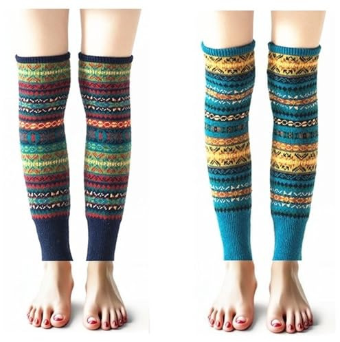 ANSLYQA 2 Pairs Leg Warmers for Women, Boho Bohemian Style Cable Knitted Thicker Warm in Winter for Party Sports, (Navy,Blue)