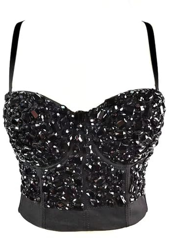 Woboren Femmes Strass Diamant Push up Bustier Crop Top Gothique Punk Corset Clubwear Party Bra Tops
