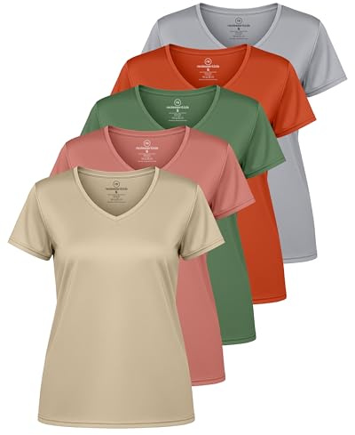 5 Pack: Womens V Neck T-Shirt Ladies Yoga Top Athletic Tees Active Wear Gym Workout Zumba Exercise Running Essentials Quick Dry Fit Dri Fit Moisture Wicking Basic Clothes - Set 12, XL