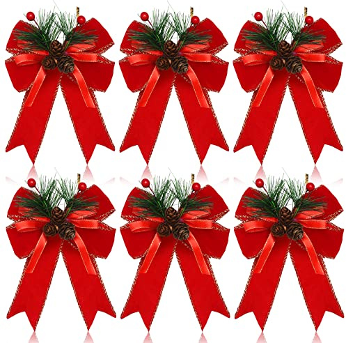 Syhood 6 Pcs Christmas Bows with Pine Cones Pine Needles Xmas Velvet Bows Red Ribbon Christmas Tree Wreath Decoration for Xmas Parties Indoor Outdoor Crafts DIY Decor