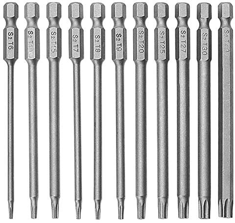 11 Stück Torx Schraubendreher Sets, Lange Torx Sternkopf Schraubendreher Bit Set, 1/4 Zoll Magnetische Sechskantschaft Schraubendreher-Bits, T6 bis T40 100mm Sicherheit Schraubendreher