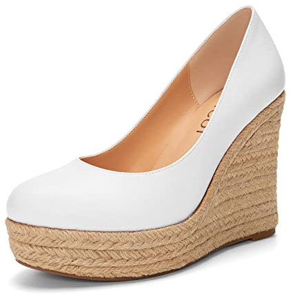 Aachcol Damen Plateau Plattform Keilabsatz Chunky Blockabsatz Hoher High Absatz Heel Pumps Slip-on Runde Geschlossene Zehenkappe Dress Schuhe Party Matt Weiß 10 cm 39 EU
