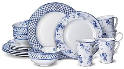 Mikasa Kiley Bone China Lightweight Chip Resistant 16 Piece Dinnerware Set, Service for 4,Blue and White