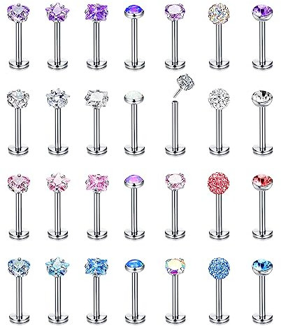 LOLIAS 28 Stück Lippenpiercing Edelstahl 16/20G 6/8mm Labret Tragus Piercing Schmuck Stern Herz CZ Opal Medusa Ashley Piercing Lippen Piercings Stecker für Damen Herren Silber Ton