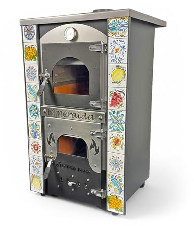 Stufa a Legna Con Forno - Esmeralda con Maioliche di Caltagirone - Potenza Riscaldamento 15 Kw, Stufa A Legna Economica In Acciaio Verniciato Antracite, Con Forno In Mattoni Refrattari, Made In Italy