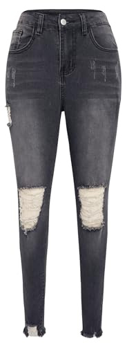 YUNDAI Womens Ripped Jeans Skinny Stretch High Waist Trousers Ladies Denim Slim Fit Pants Jeggings, Large Black