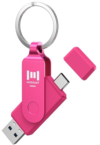 MOSDART 256GB USB 3.2 Fast Speed C and A Dual Flash Drive, exFAT Memory Stick with Keychain and LED Indicator, for iPhone 15,16,17, Android Phone, iPad, MacBook, and Other Laptops, Hot Pink