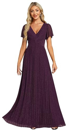 Ever-Pretty Kleid Elegant Damen Festlich Lang Ballkleid Maxi Hell Abendkleider Elegant für Hochzeit A Line Kurze Ärmel Violette Glyzinie 42