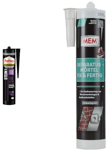Pattex Montage Stein, starker Montagekleber für Stein, Naturstein und Steinwerkstoffe & MEM Reparatur-Mörtel Fix & Fertig, Für Mauerwerksfugen und Ausbruchstellen