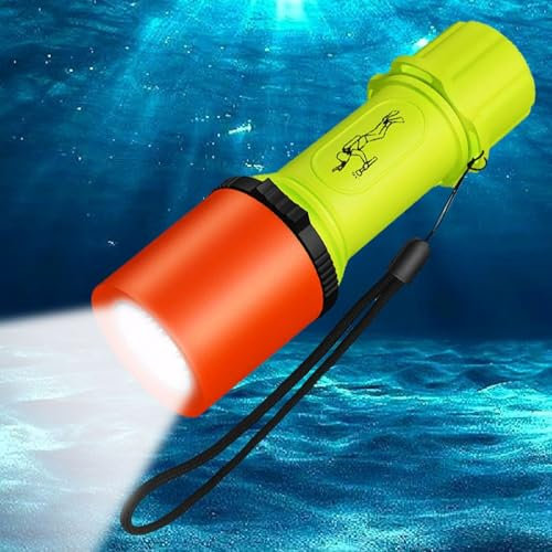 MODOAO Lampe de poche de plongée super lumineuse, haute luminosité, 3 modes IPX8 étanche avec bracelet, pour la plongée, la pêche, la plongée avec tuba, le camping, la randonnée, les urgences