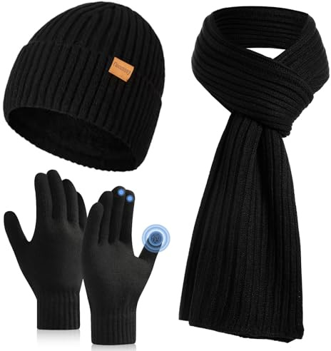floconssy 3 PCS Men's Winter Hat Scarf Gloves Set, Warm Knit Beanie Thermal Long Scarf fleece lined Touchscreen Gloves for Cold Weather Black