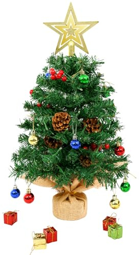 Uten Liten julgran, 60 cm mini lysande gran, med 18 julkulor, 5 röda bärgrupper, 5 talläpplen, presentförpackning, stjärna, knutar, 50 LED-ljuskedjor