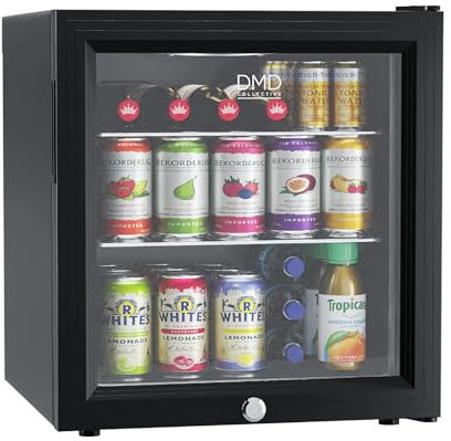 DMD Collective – Glass Mini Fridge, 50L Beer, Wine & Drink Chiller with LED Light, With Lock + Key, Countertop Fridge with Reversible Door, Mini Bar For Bedroom, Office, Kitchen, Home
