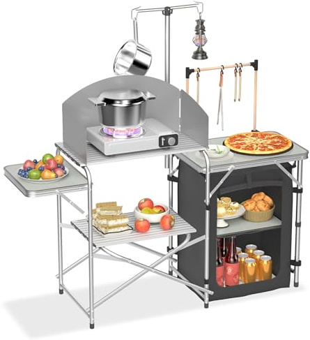 LZQ Table de cuisine de camping pliable avec armoires de camping, pare-vent, support de lampe et crochets, cuisine de camping d'extérieur avec panneaux MDF, sac de transport pour camping, pique-nique,