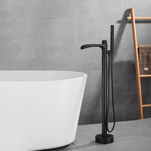 SaryEdge Mitigeur de Bain Cascade avec Douche, mitigeur de Bain sur Pied Noir avec Douche, Bec pivotant à poignée Unique(